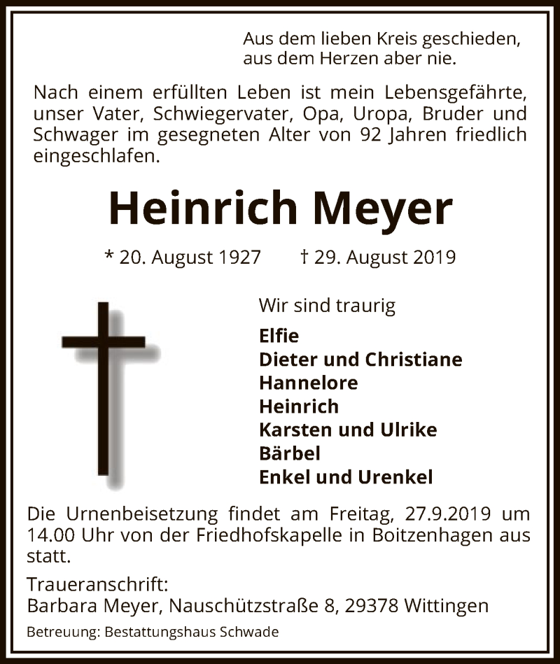  Traueranzeige für Heinrich Meyer vom 21.09.2019 aus Uelzen