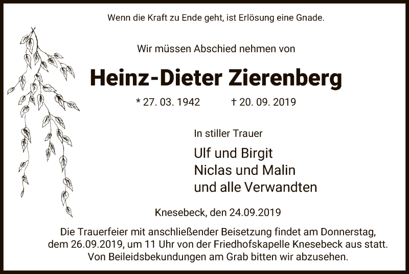  Traueranzeige für Heinz-Dieter Zierenberg vom 24.09.2019 aus Uelzen