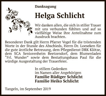 Traueranzeige von Helga Schlicht von Uelzen