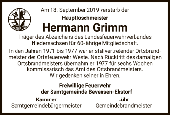 Traueranzeige von Hermann Grimm von Uelzen