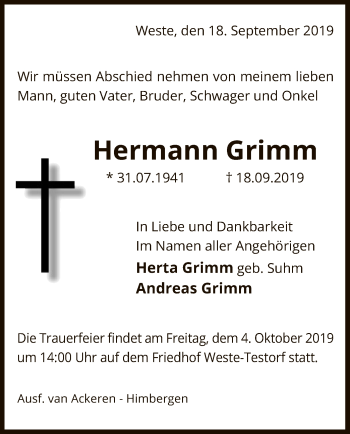 Traueranzeige von Hermann Grimm von Uelzen