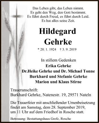 Traueranzeige von Hildegard Gehrke von Uelzen