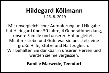 Traueranzeige von Hildegard Köllmann von Uelzen