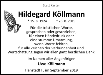 Traueranzeige von Hildegard Köllmann von Uelzen