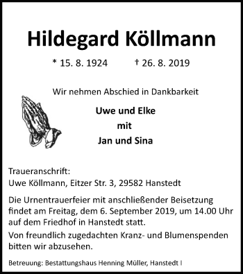 Traueranzeige von Hildegard Köllmann von Uelzen