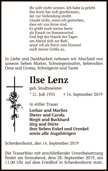 Traueranzeige von Ilse Lenz von Uelzen