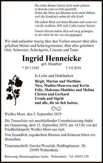 Traueranzeige von Ingrid Henneicke von Uelzen