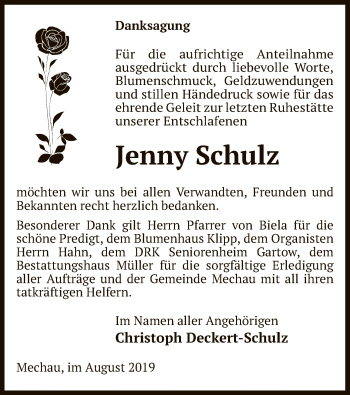 Traueranzeige von Jenny Schulz von Uelzen