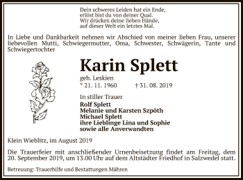 Traueranzeige von Karin Splett von Uelzen