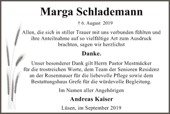 Traueranzeige von Marga Schlademann von Uelzen