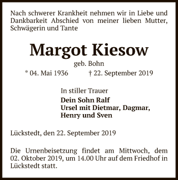 Traueranzeige von Margot Kiesow von Uelzen