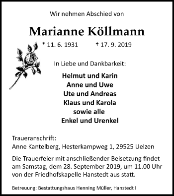 Traueranzeige von Marianne Köllmann von Uelzen