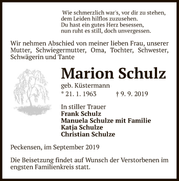 Traueranzeige von Marion Schulz von Uelzen