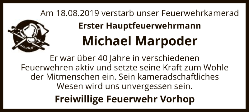  Traueranzeige für Michael Marpoder vom 31.08.2019 aus Uelzen