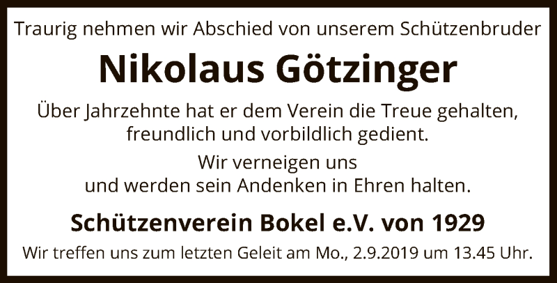  Traueranzeige für Nikolaus Götzinger vom 31.08.2019 aus Uelzen