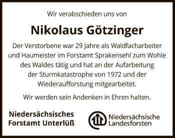 Traueranzeige von Nikolaus Götzinger von Uelzen