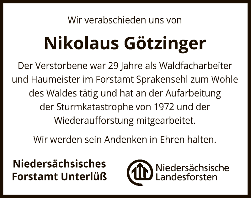  Traueranzeige für Nikolaus Götzinger vom 03.09.2019 aus Uelzen