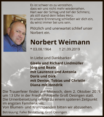 Traueranzeige von Norbert Weimann von Uelzen