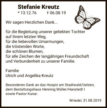 Traueranzeige von Stefanie Kreutz von Uelzen