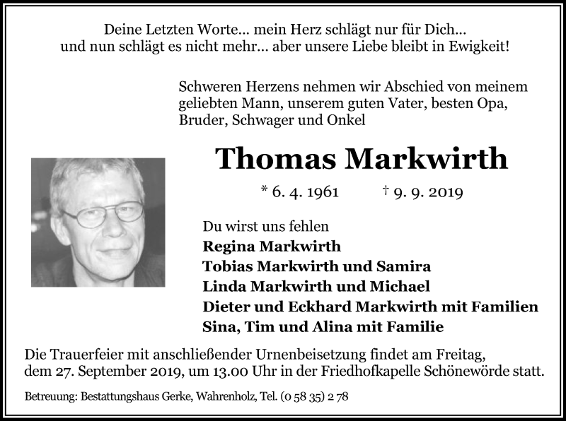  Traueranzeige für Thomas Markwirth vom 21.09.2019 aus Uelzen