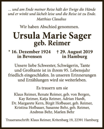 Traueranzeige von Ursula Marie Sager von Uelzen