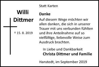 Traueranzeige von Willi Dittmer von Uelzen