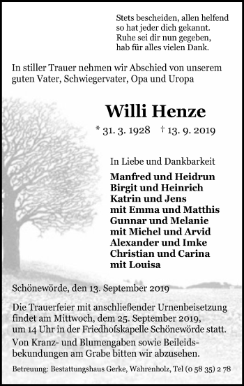 Traueranzeige von Willi Henze von Uelzen