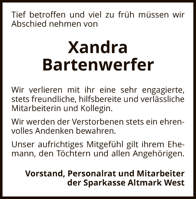  Traueranzeige für Xandra Bartenwerfer vom 12.09.2019 aus Uelzen