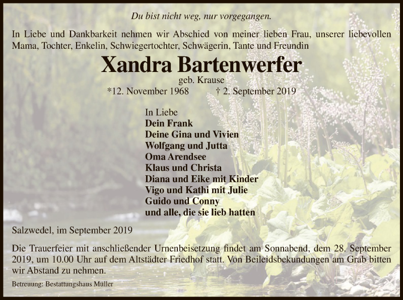  Traueranzeige für Xandra Bartenwerfer vom 07.09.2019 aus Uelzen