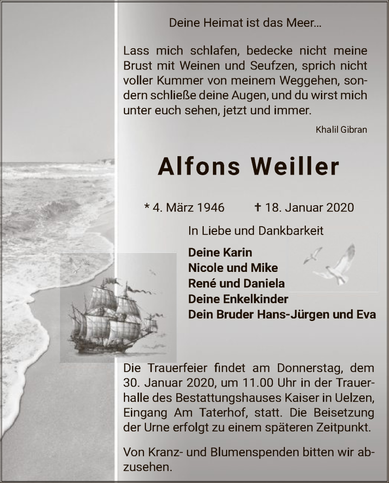  Traueranzeige für Alfons Weiller vom 25.01.2020 aus Uelzen