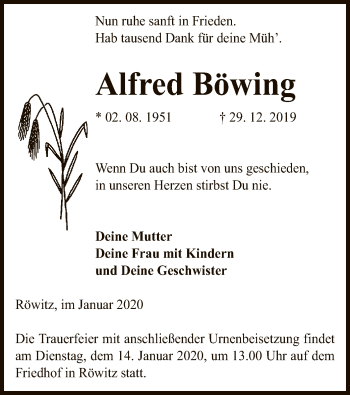 Traueranzeige von Alfred Böwing von Uelzen