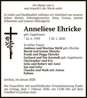 Traueranzeige von Anneliese Ehricke von Uelzen