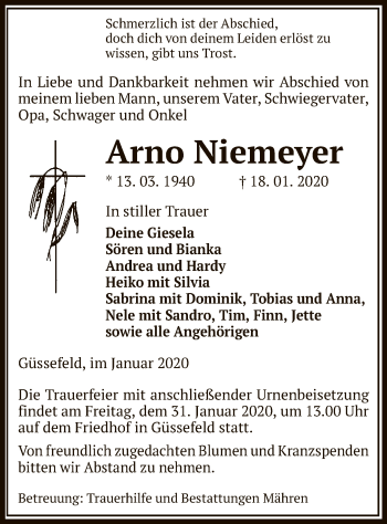 Traueranzeige von Arno Niemeyer von Uelzen