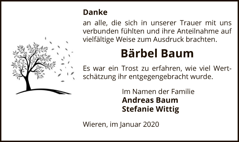 Traueranzeigen Von Barbel Baum Az Trauer De
