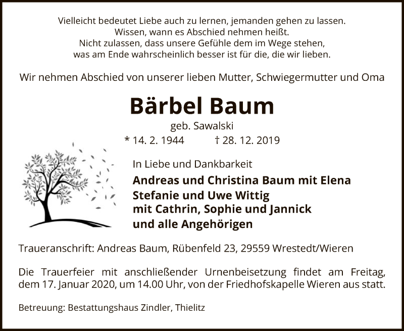 Traueranzeigen Von Barbel Baum Az Trauer De
