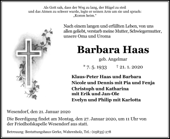 Traueranzeige von Barbara Haas von Uelzen