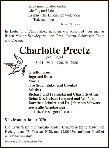 Traueranzeige von Charlotte Preetz von Uelzen