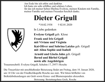 Traueranzeige von Dieter Grigull von Uelzen