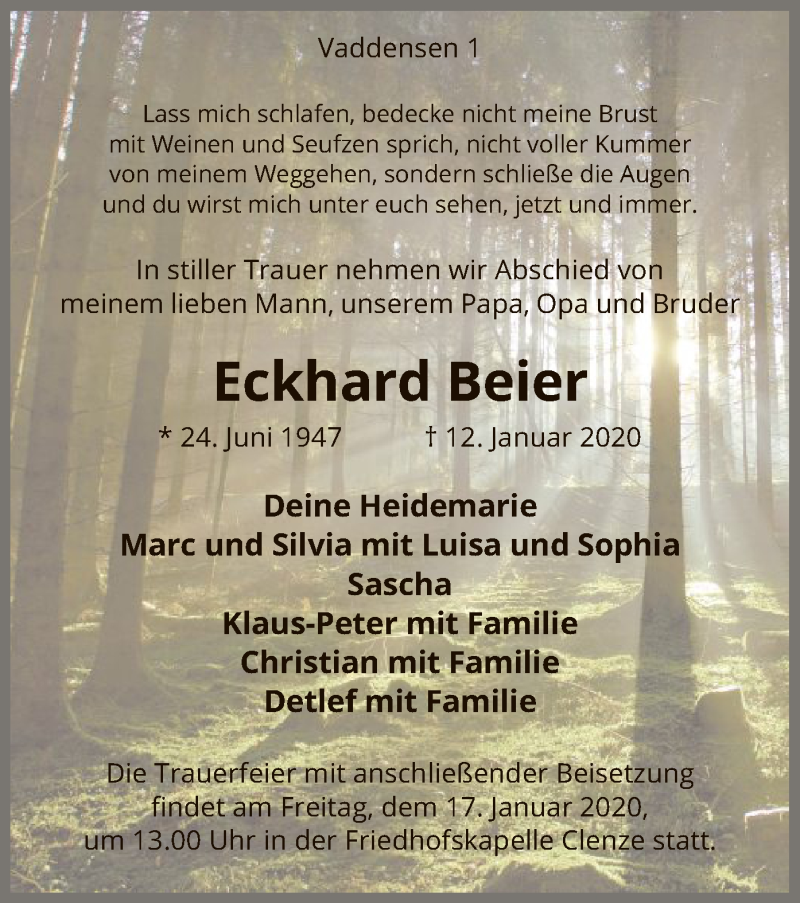  Traueranzeige für Eckhard Beier vom 16.01.2020 aus Uelzen
