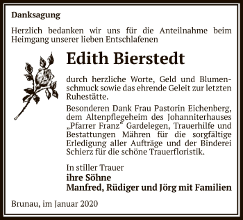 Traueranzeige von Edith Bierstedt von Uelzen