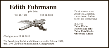 Traueranzeige von Edith Fuhrmann von Uelzen