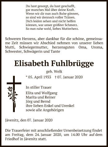 Traueranzeige von Elisabeth Fuhlbrügge von Uelzen