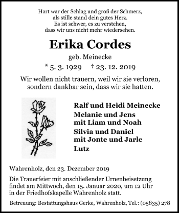 Traueranzeige von Erika Cordes von Uelzen