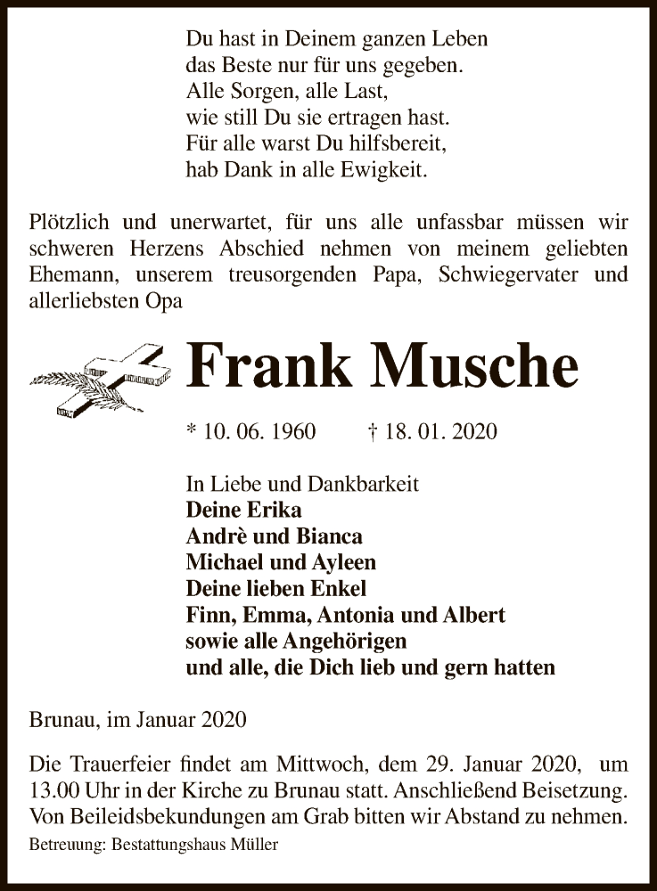  Traueranzeige für Frank Musche vom 25.01.2020 aus Uelzen