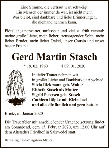 Traueranzeige von Gerd Martin Stasch von Uelzen