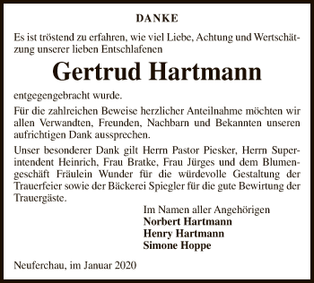 Traueranzeige von Gertrud Hartmann von Uelzen