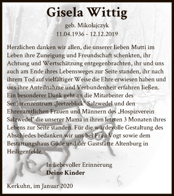 Traueranzeige von Gisela Wittig von Uelzen