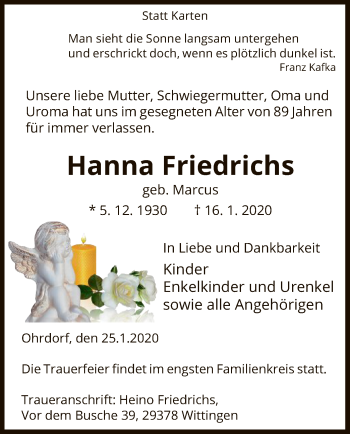 Traueranzeige von Hanna Friedrichs von Uelzen