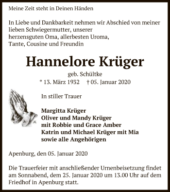 Traueranzeige von Hannelore Krüger von Uelzen