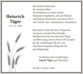 Traueranzeige von Heinrich Täger von Uelzen